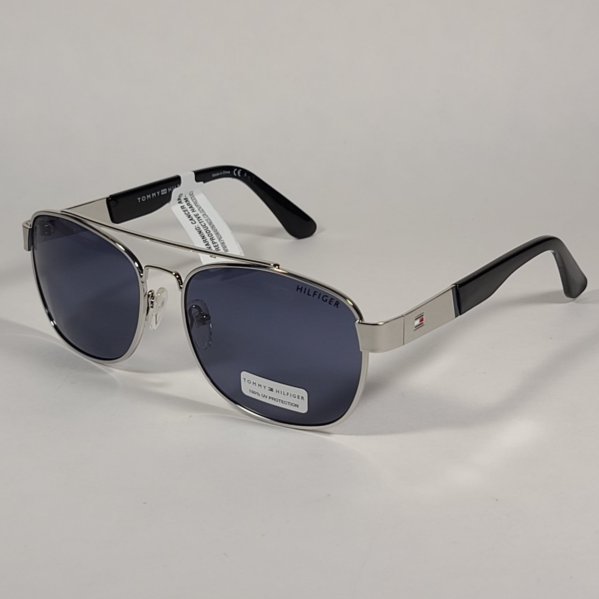 Tommy Hilfiger Brendan Rectangular Sunglasses Silver And Black Frame Blue Gray Lens BRENDAN MM OM435 - Sunglasses