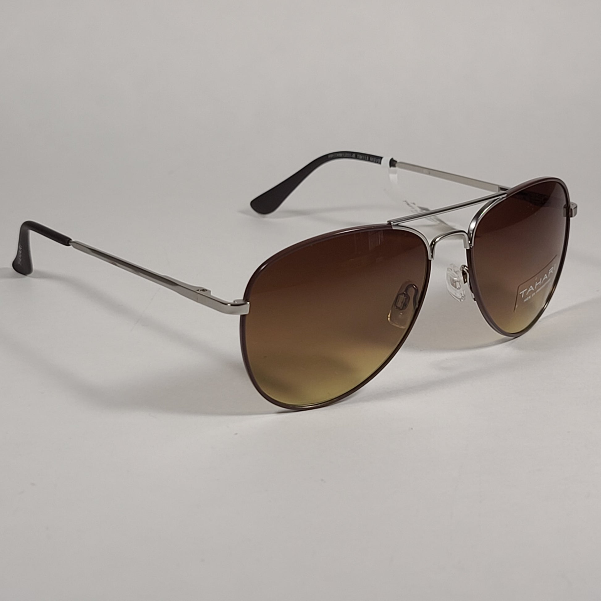 Tahari Aviator Sunglasses Brown Gray Matte Silver Frame Brown Olive Tinted Lens TM113 MSVBR - Sunglasses