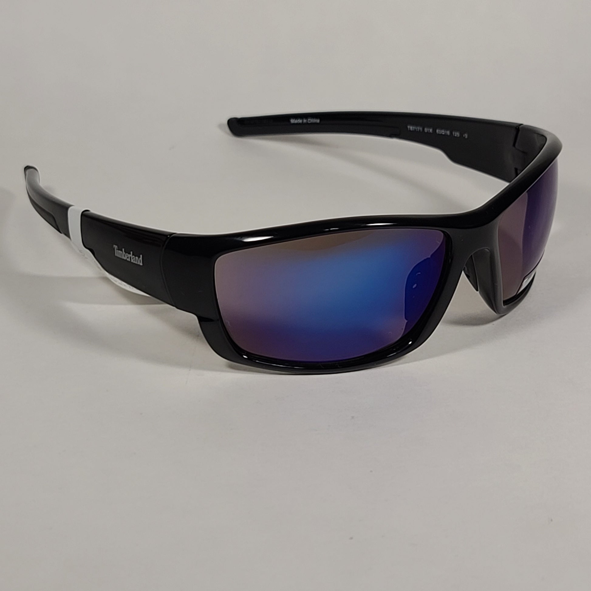 Timberland Wrap Sunglasses Shiny Black Frame Blue Violet Mirror Lens TB7171 01X - Sunglasses