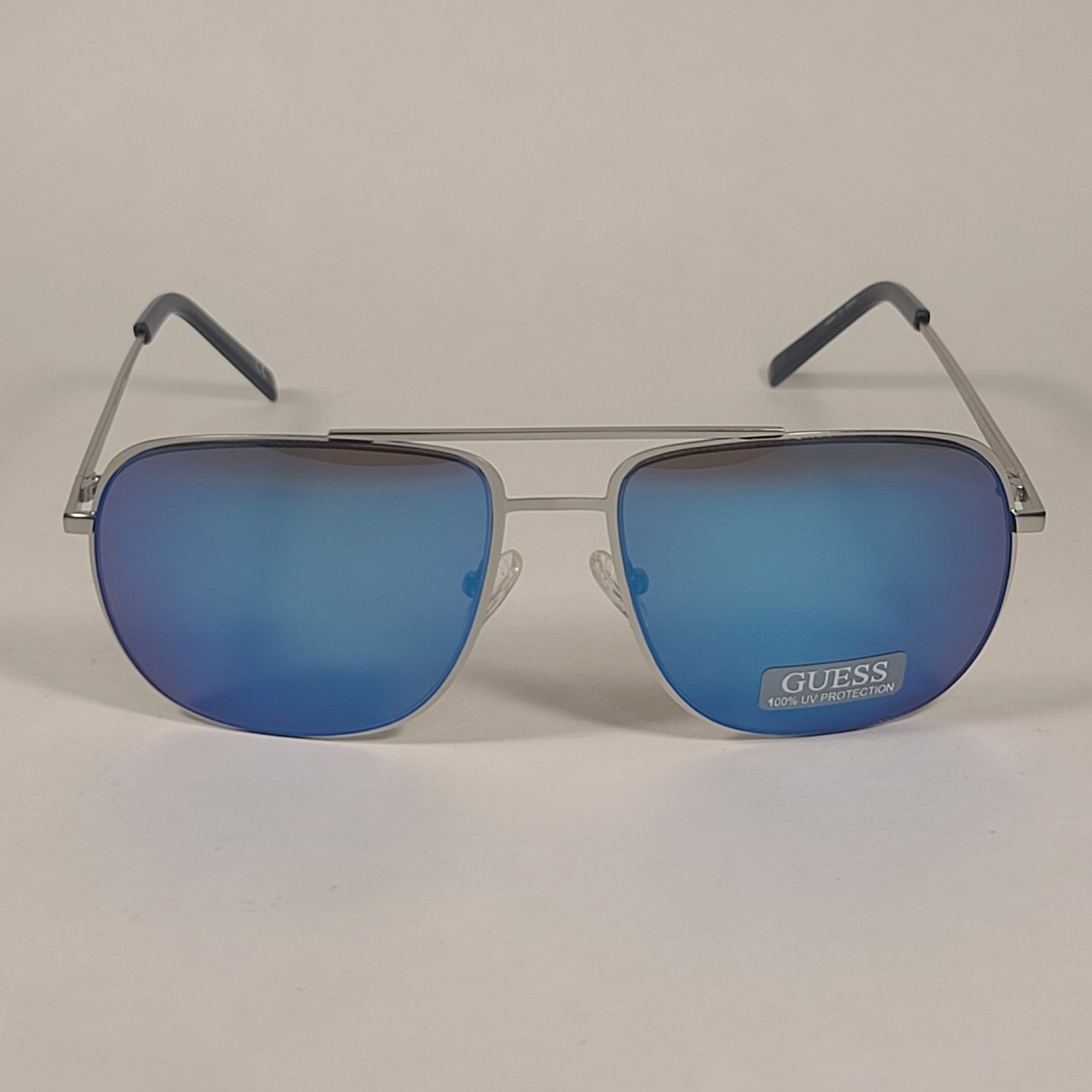 Guess Aviator Sunglasses GF0196 11X Silver Metal Frame Blue Mirror Lens Mens TheSunglassFashion