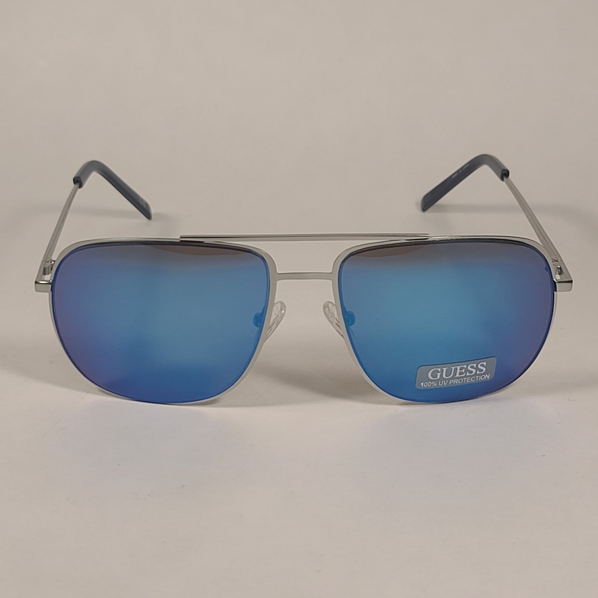 Guess Aviator Sunglasses GF0196 11X Silver Metal Frame Blue Mirror Lens Men’s