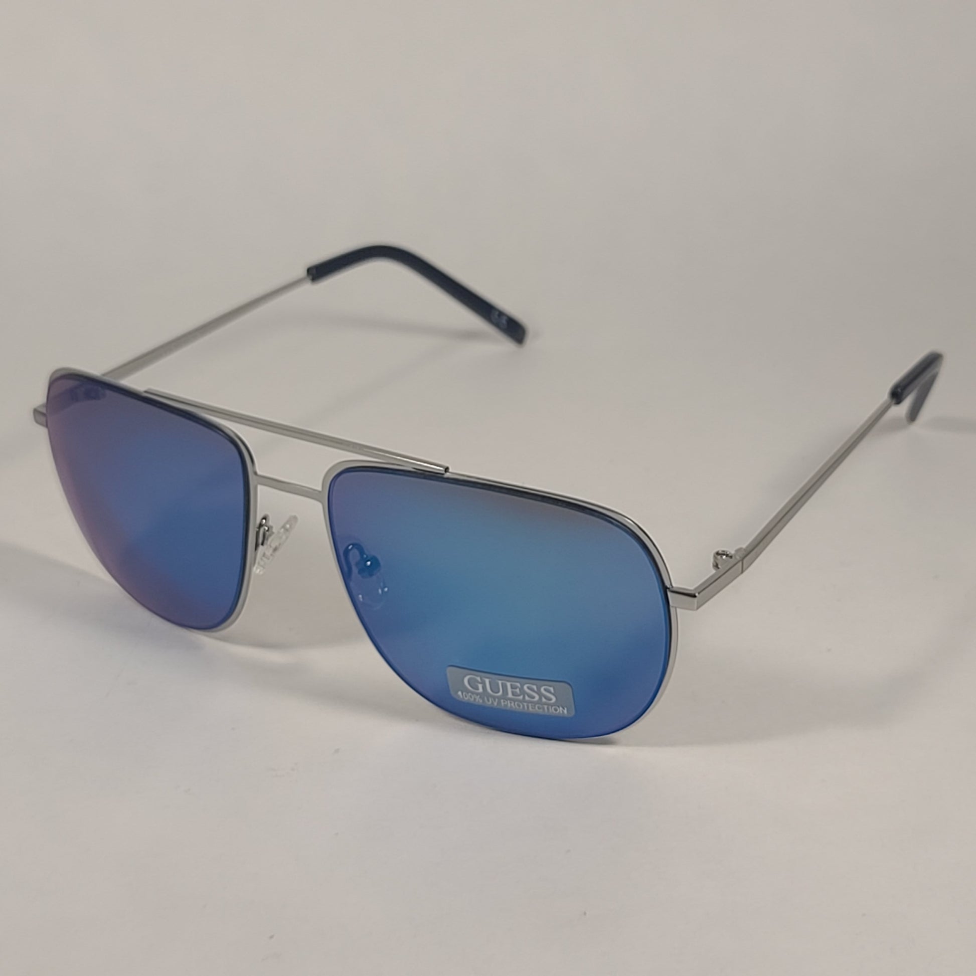 Guess Aviator Sunglasses GF0196 11X Silver Metal Frame Blue Mirror Lens Men’s