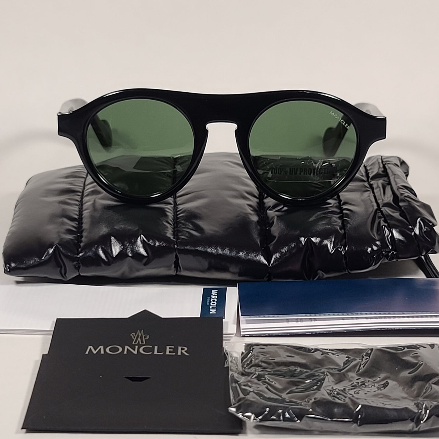 Moncler Round Pilot Sunglasses Shiny Black Frame Green Lens ML0039 01N - Sunglasses