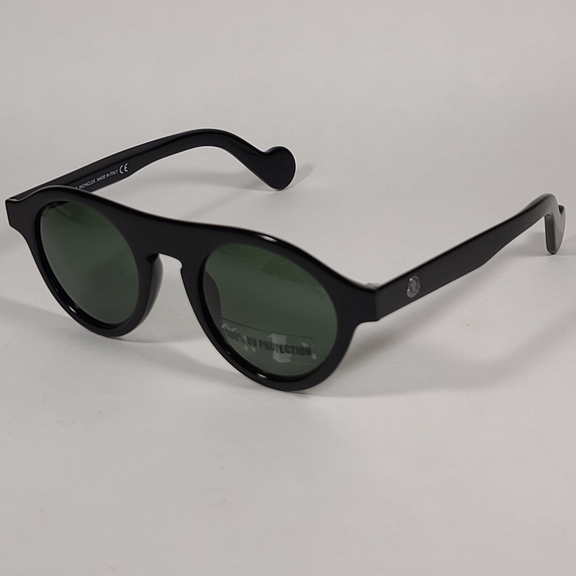 Moncler Round Pilot Sunglasses Shiny Black Frame Green Lens ML0039 01N - Sunglasses