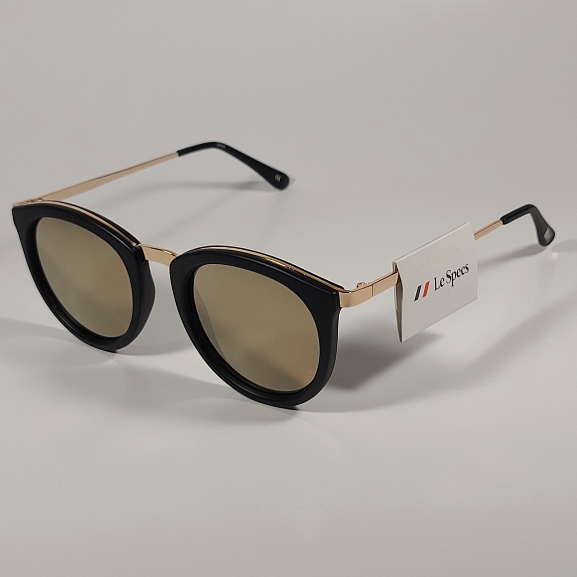 Le Specs No Smirking Round Sunglasses Matte Black Gold Frame Gold Mirror Lens LSP1602145 - Sunglasses