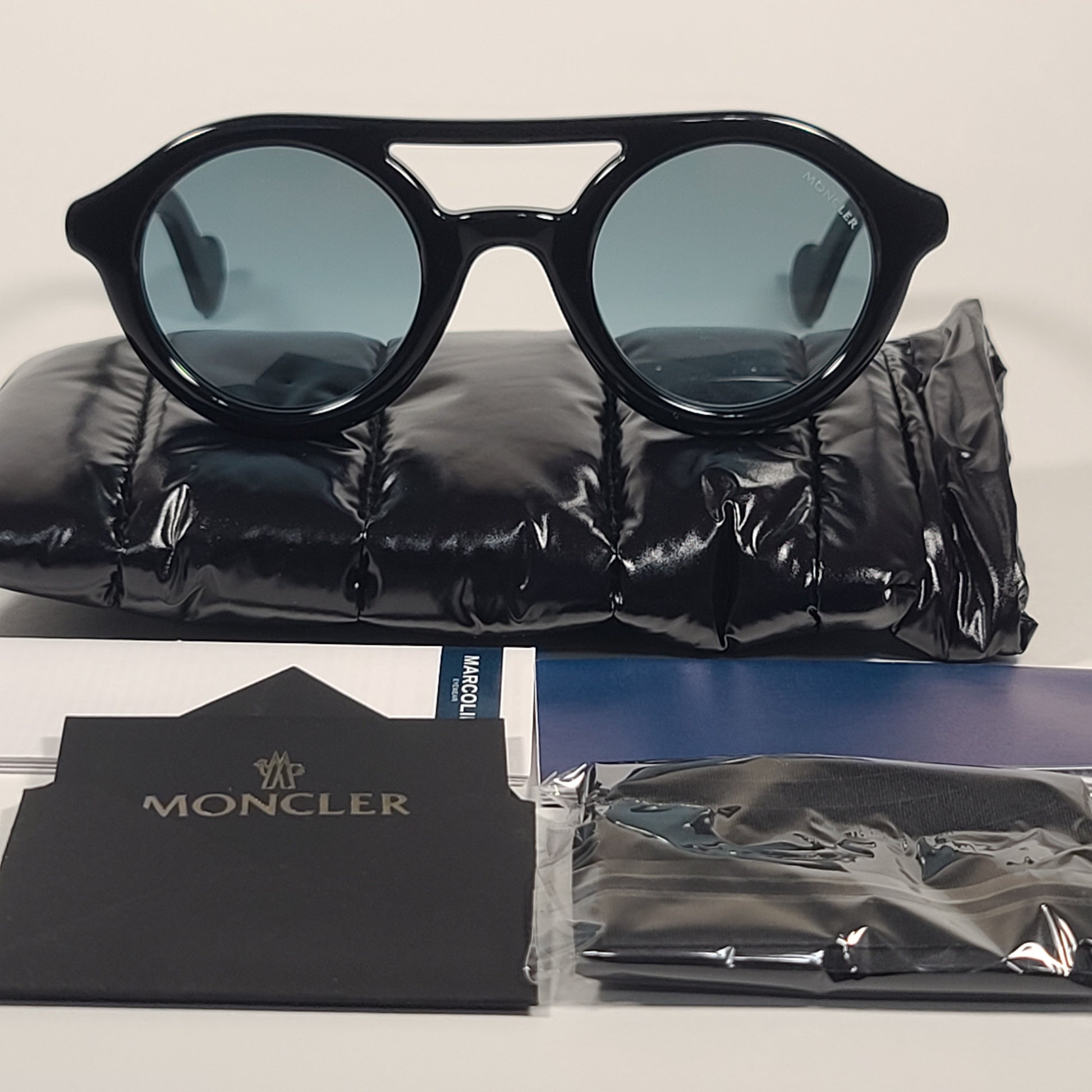 Moncler Round Pilot Sunglasses Shiny Black Frame Blue Gradient Lens ML0014 01X - Sunglasses