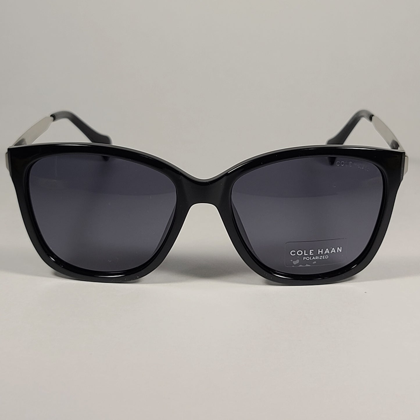 Cole Haan Square Polarized Sunglasses Shiny Black And Silver Frame Gray Lens CH9001 001 - Sunglasses