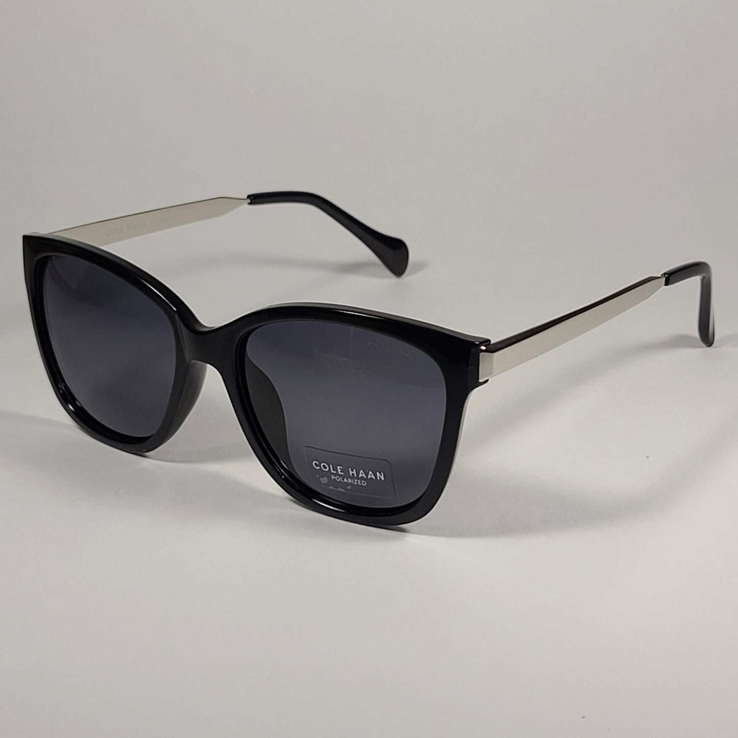 Cole Haan Square Polarized Sunglasses Shiny Black And Silver Frame Gray Lens CH9001 001 - Sunglasses