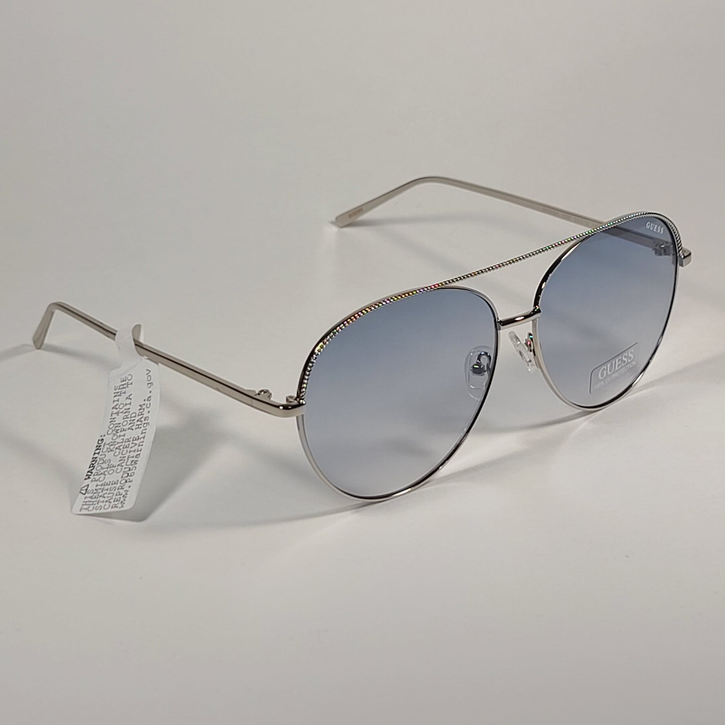 Guess Aviator Pilot Sunglasses Silver Tone Metal Light Blue Gradient Lens GF0391 10W - Sunglasses