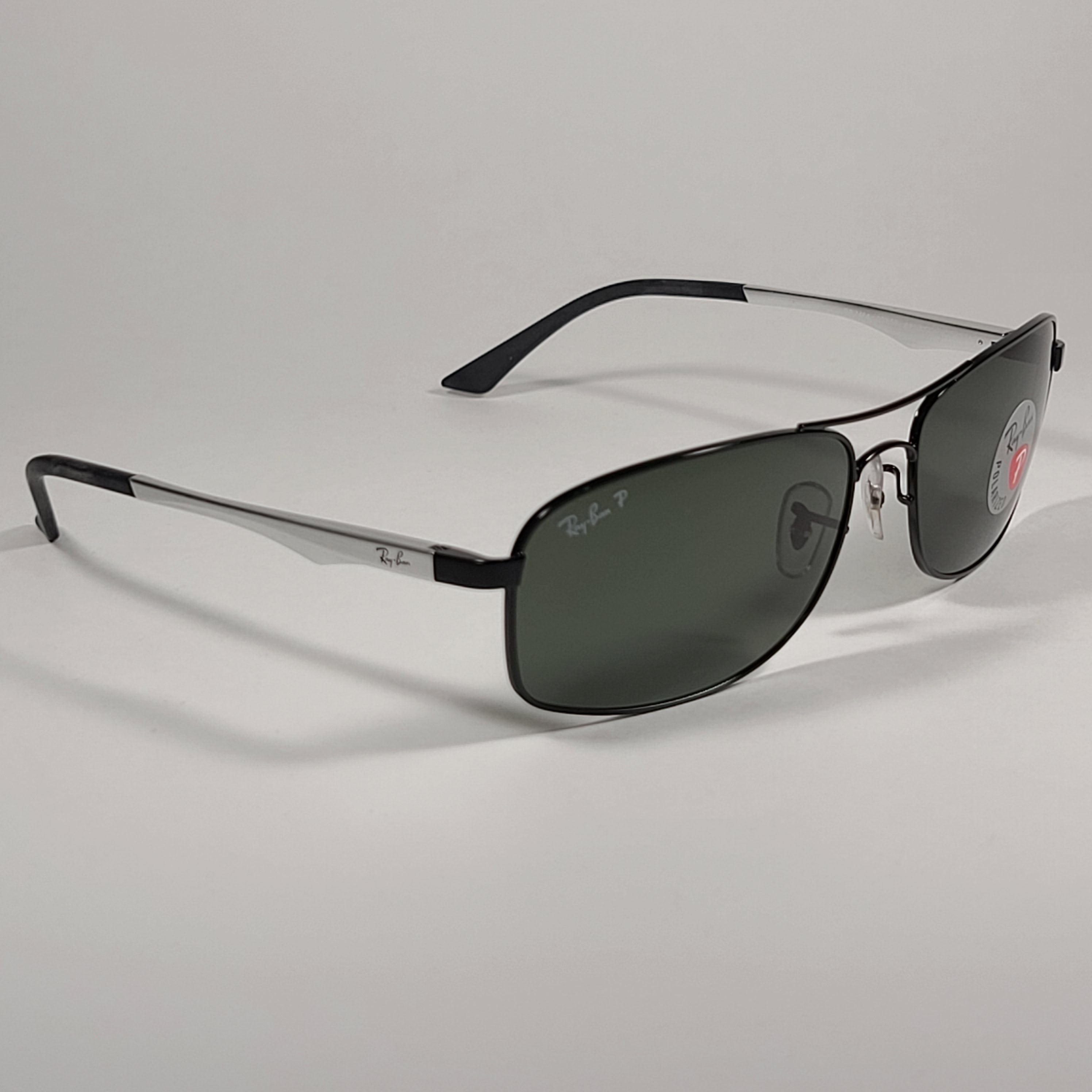 Ray Ban Active Lifestyle Polarized Rectangle Sunglasses Black Silver Frame Green Lens RB3484 002 58