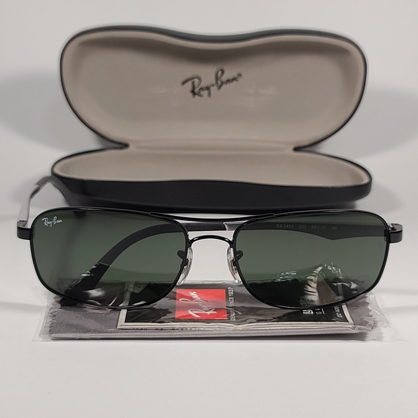 Ray-Ban Active Lifestyle Rectangle Sunglasses Black Silver Green Lens RB3484 002 - Sunglasses