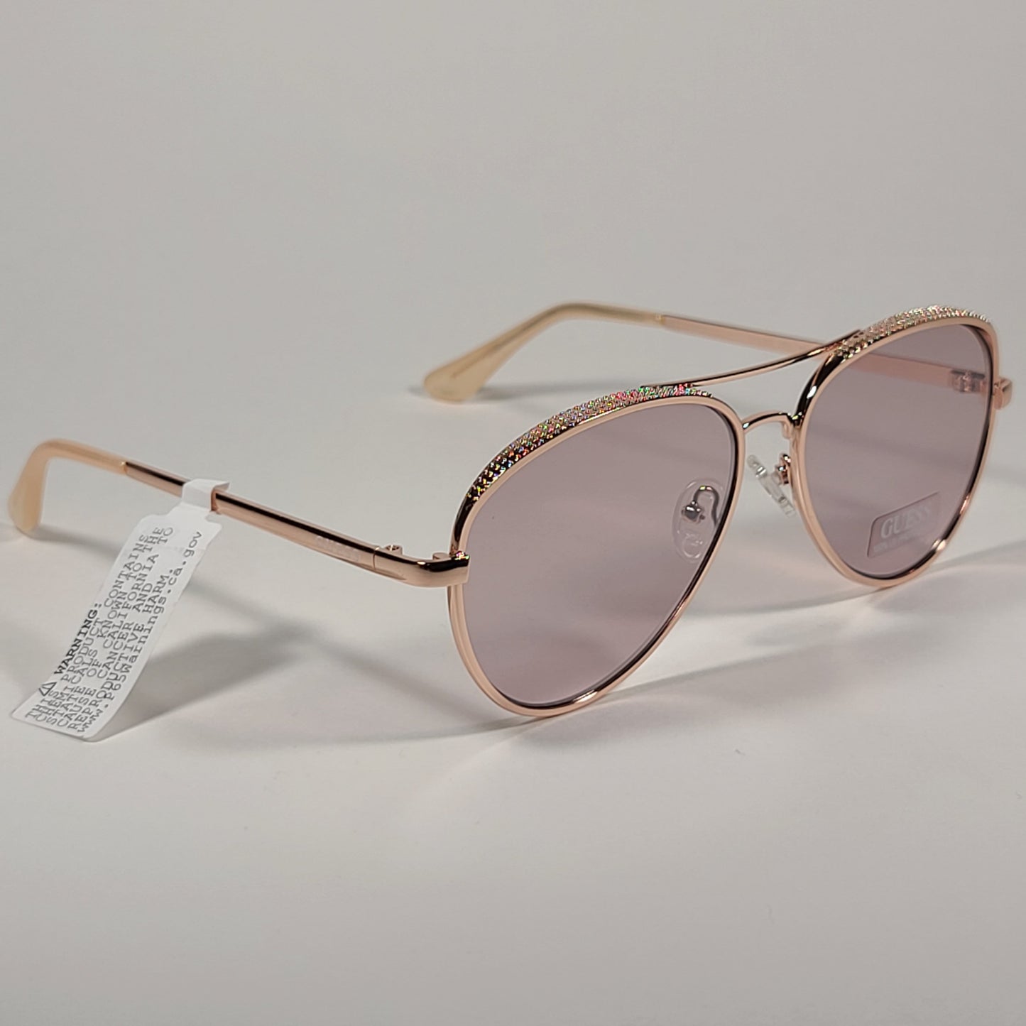 Guess Heavy Aviator Sunglasses Rose Gold Metal Frame Gray Pink Semi Flash Lens GF0350 28U - Sunglasses