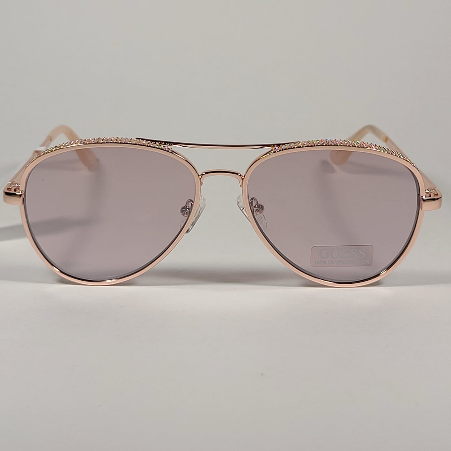 Guess Heavy Aviator Sunglasses Rose Gold Metal Frame Gray Pink Semi Flash Lens GF0350 28U - Sunglasses
