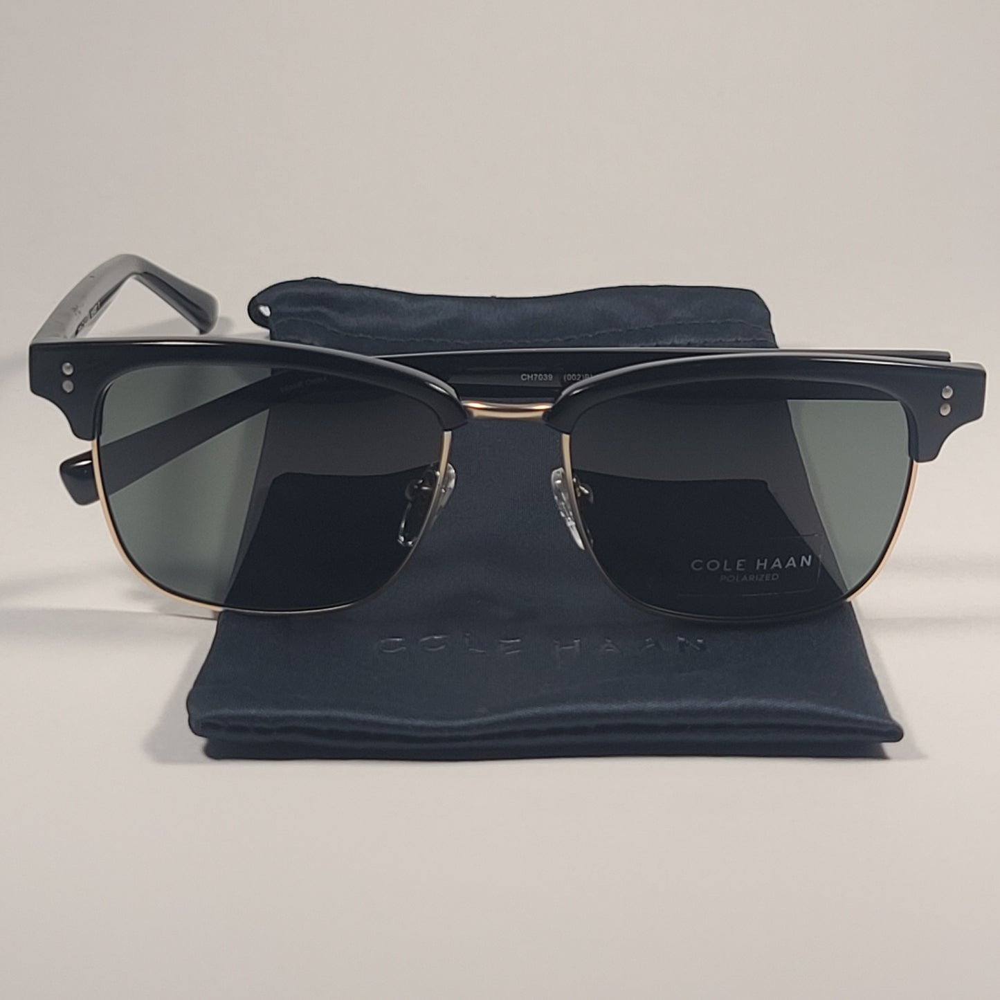 Cole Haan CH7039 002 Polarized Square Club Sunglasses Shiny Black Matte Gold Frame Gray Lens - Sunglasses