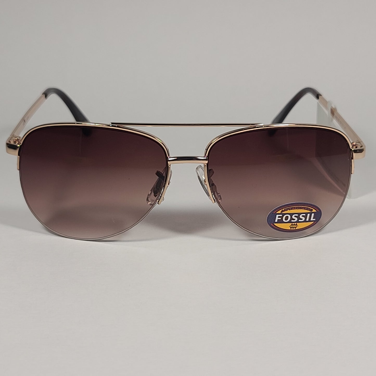 Fossil FW5 Aviator Sunglasses Semi Rim Metal Gold Tone Metal and Brown Tortoise Frame Brown Gradient Lens - Sunglasses