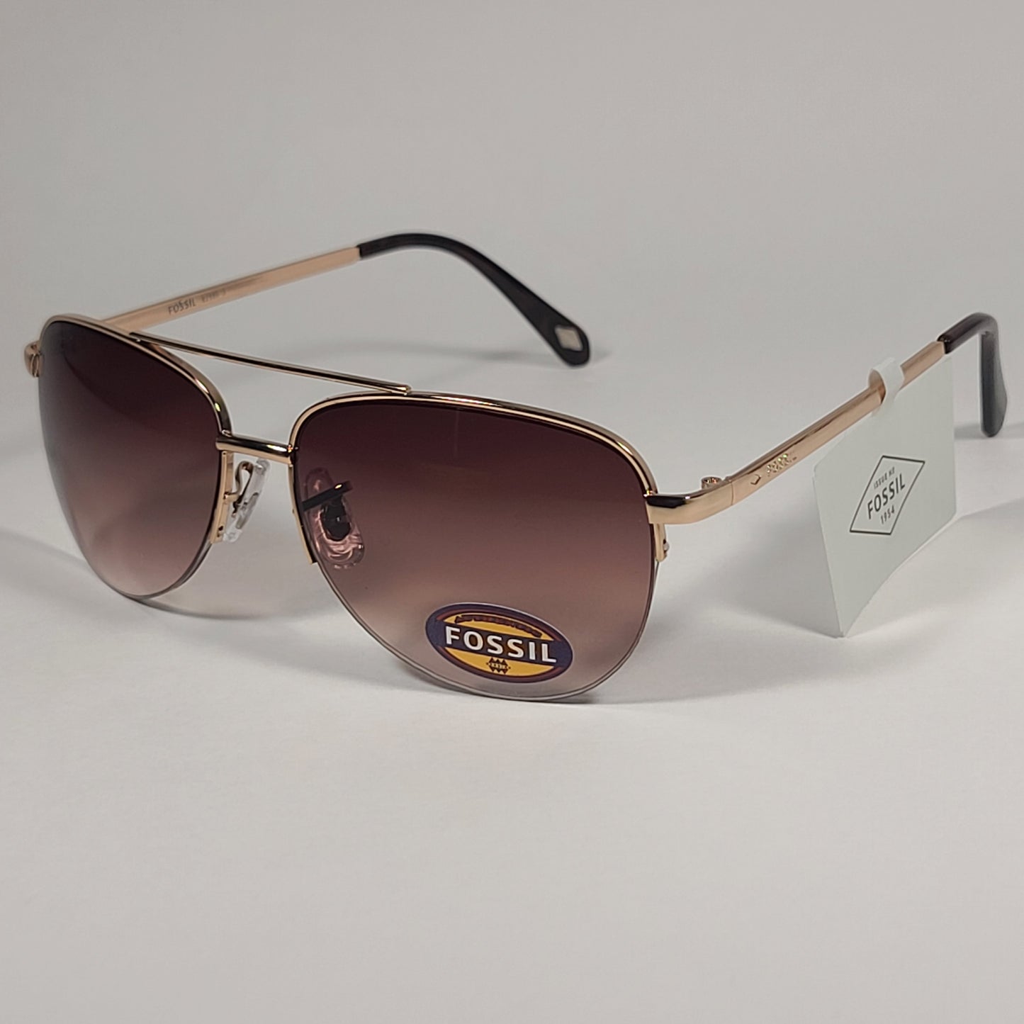 Fossil FW5 Aviator Sunglasses Semi Rim Metal Gold Tone Metal and Brown Tortoise Frame Brown Gradient Lens - Sunglasses