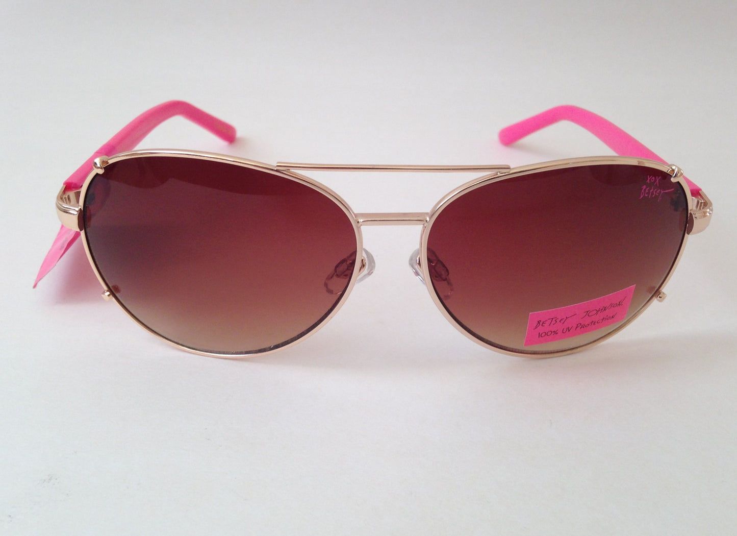 Betsey Johnson Aviator Sunglasses Gold And Pink Frame Brown Gradient Lens - Sunglasses