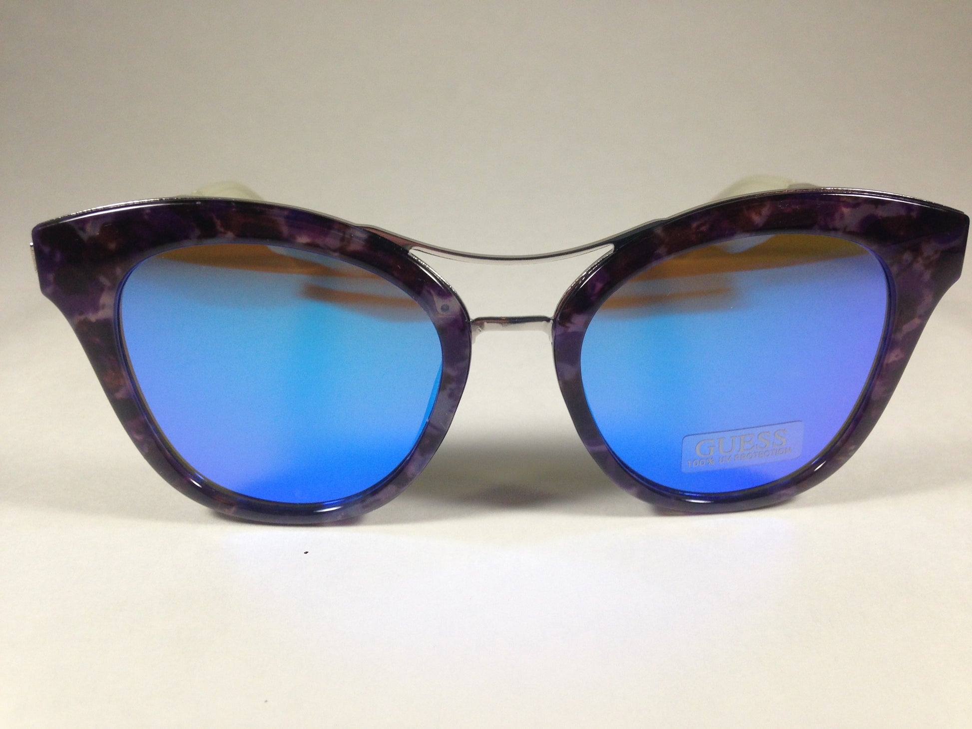 Guess Round Cat Eye Sunglasses Metal Purple Marble Blue Violet Mirror Gf030455X - Sunglasses