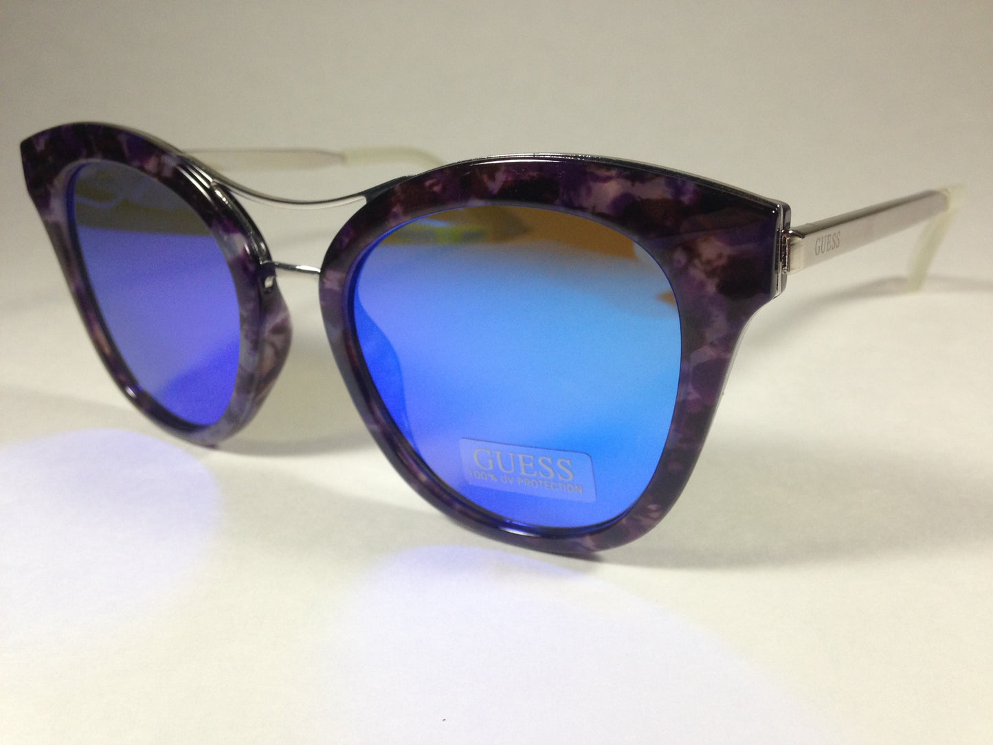 Guess Round Cat Eye Sunglasses Metal Purple Marble Blue Violet Mirror Gf030455X - Sunglasses