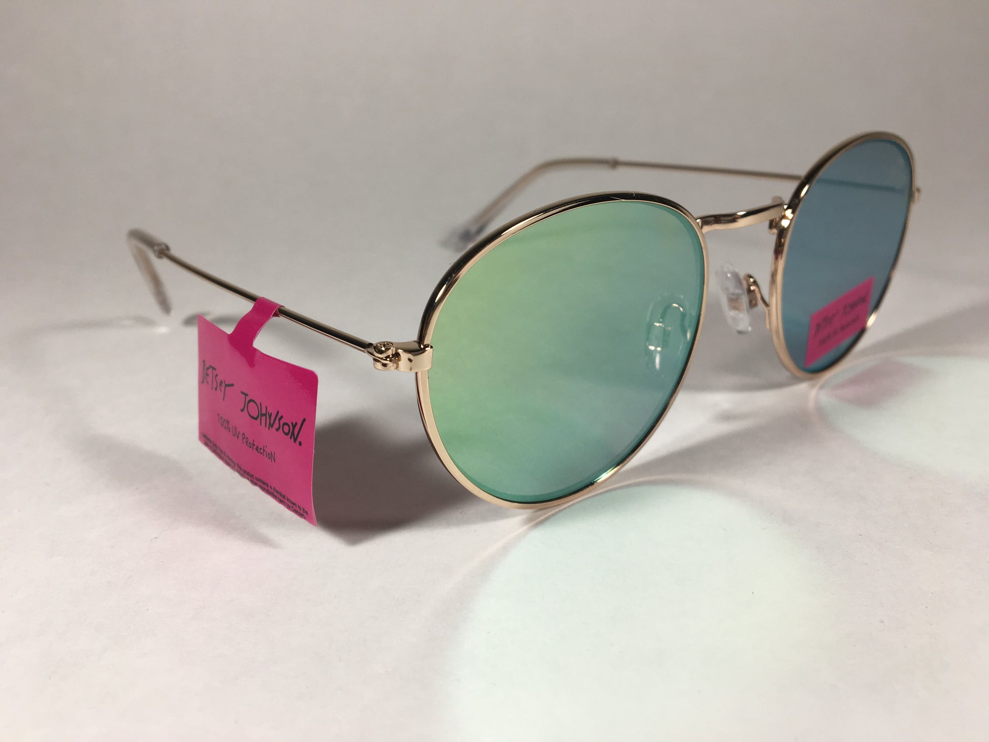 Betsey Johnson Bj475135 Sunglasses Retro Round Gold Wire Blue Yellow Mirror - Sunglasses