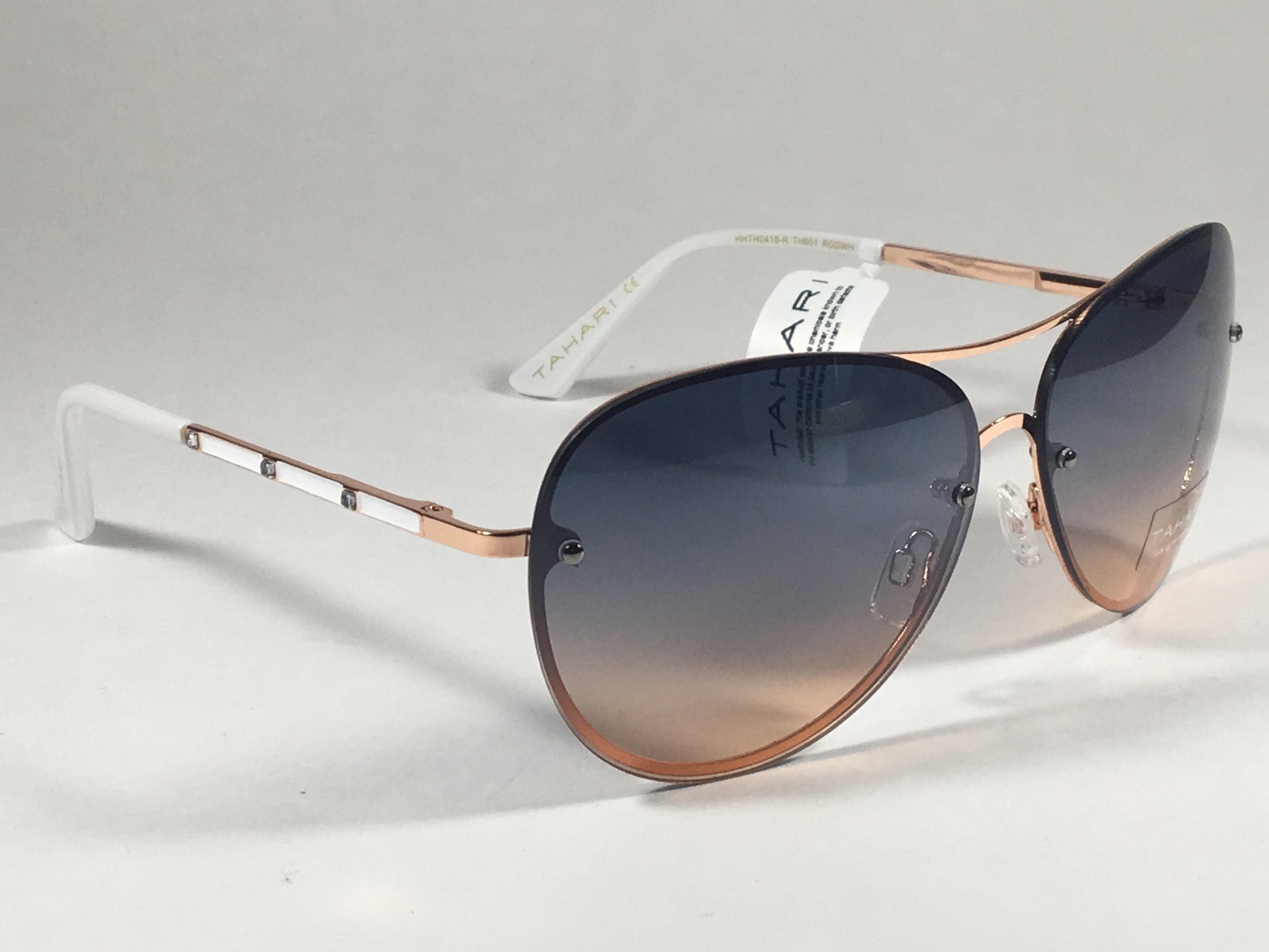 Tahari Rimless Aviator Sunglasses Rose Gold White Blue Gradient Lens Th651 Rgdwh - Sunglasses