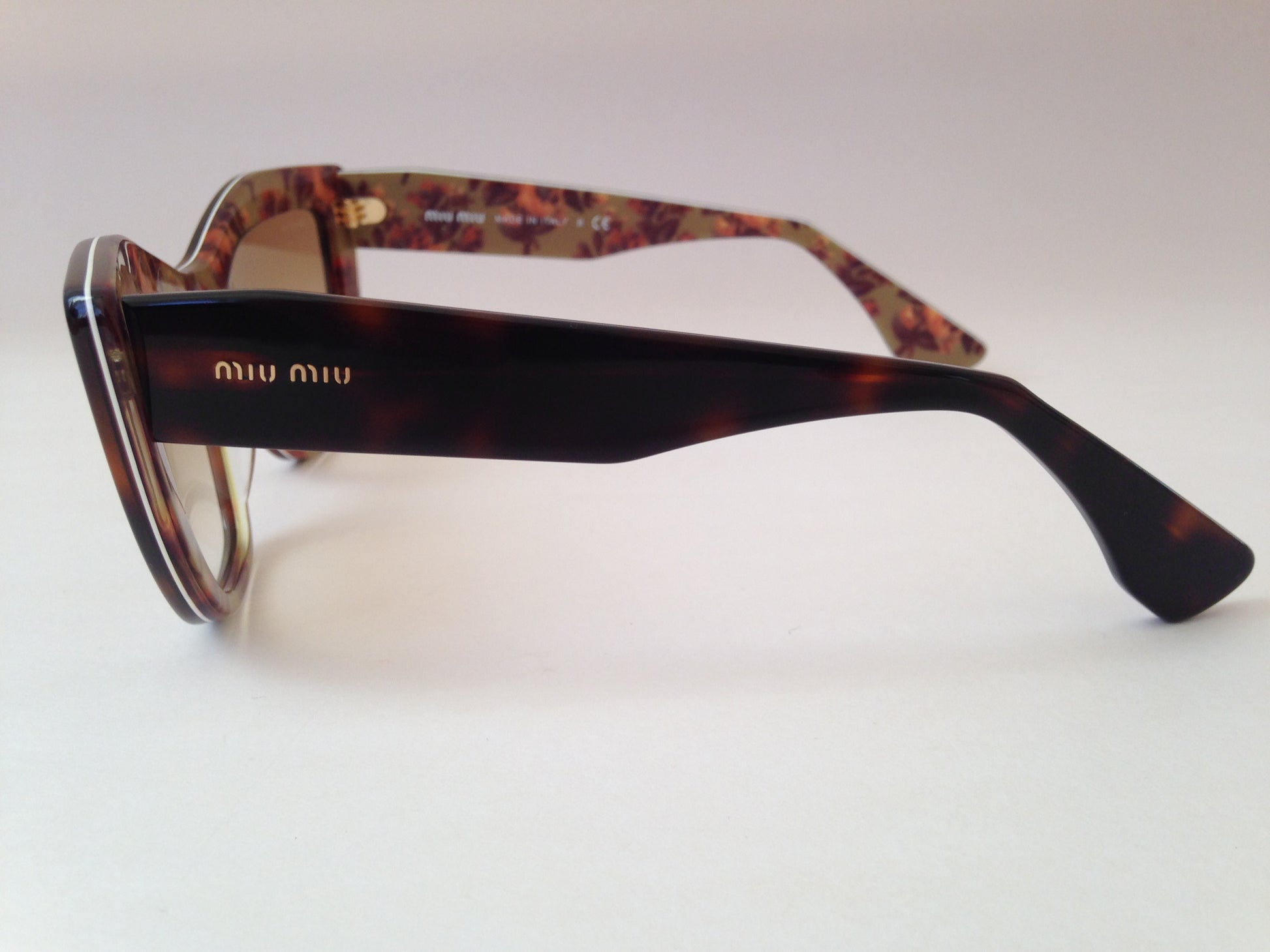 Miu Miu By Prada Cat Eye Rasoir Sunglasses Brown Havana Flower Print Frame Smu 02P Roq-9S1 - Sunglasses