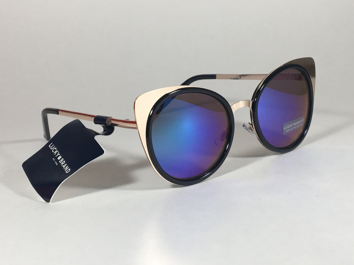 Lucky Brand Round Cat Ocean Sunglasses Gold Black Metal Blue Green Mirror Lens - Sunglasses