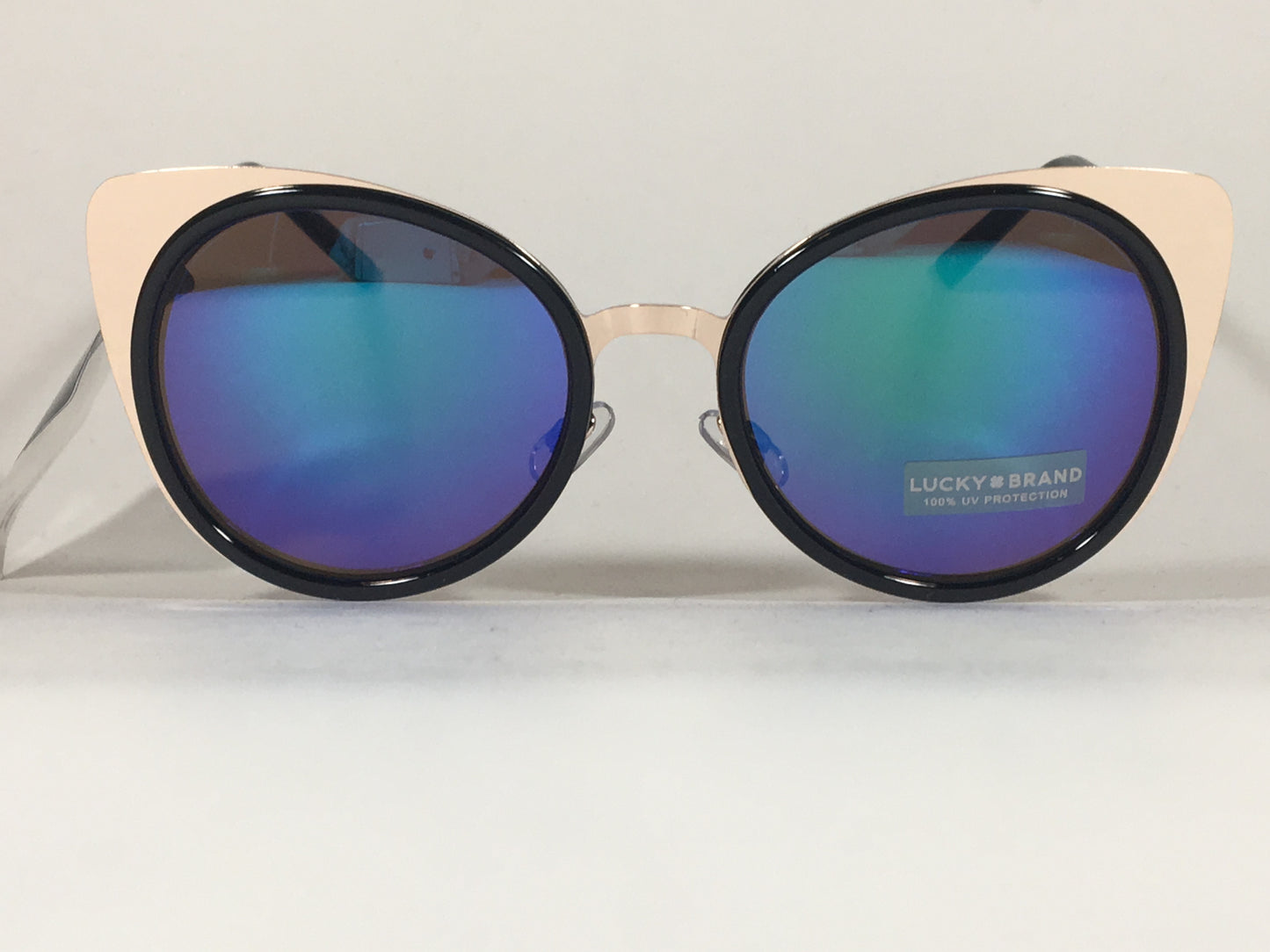 Lucky Brand Round Cat Ocean Sunglasses Gold Black Metal Blue Green Mirror Lens - Sunglasses