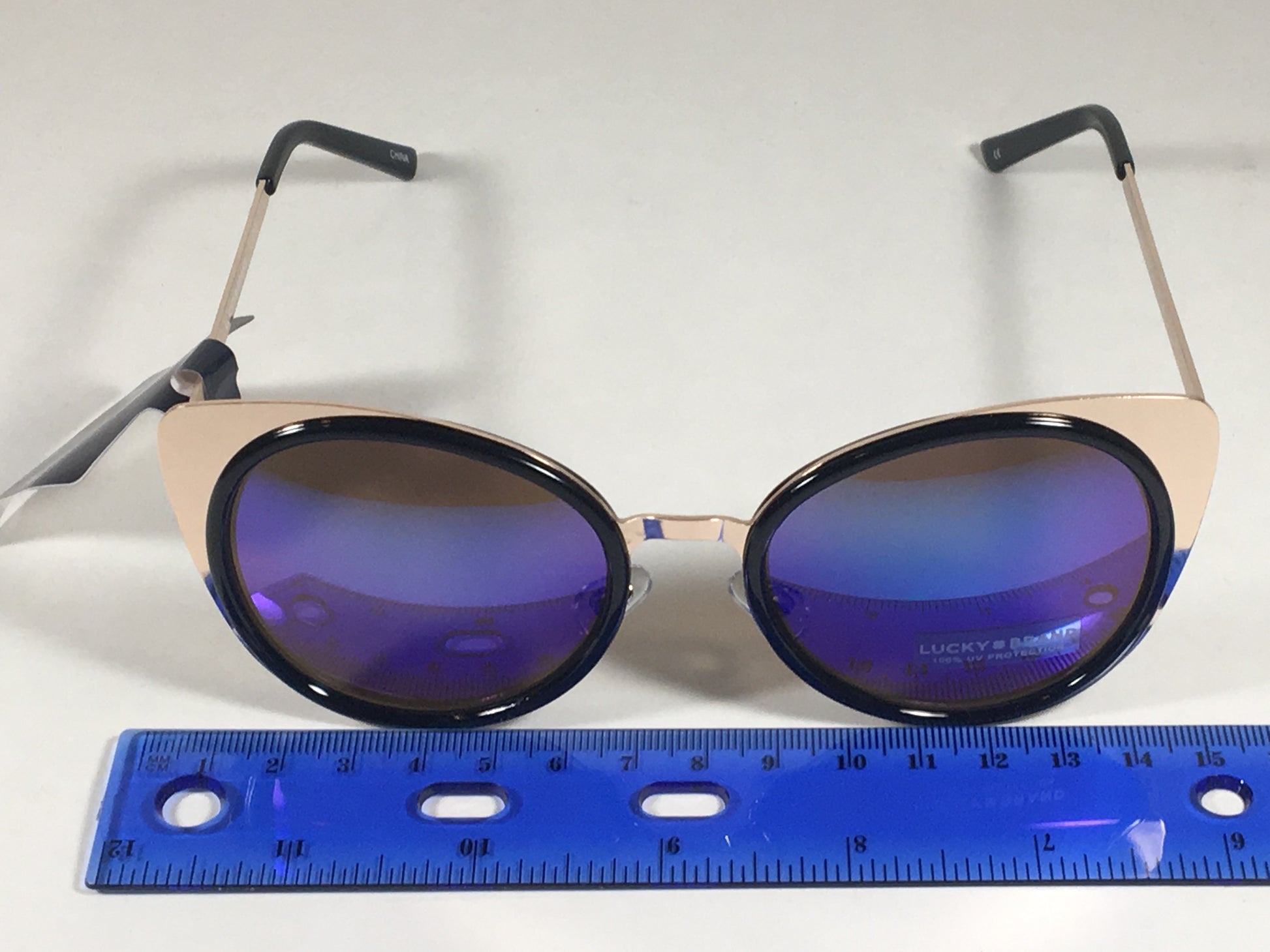 Lucky Brand Round Cat Ocean Sunglasses Gold Black Metal Blue Green Mirror Lens - Sunglasses