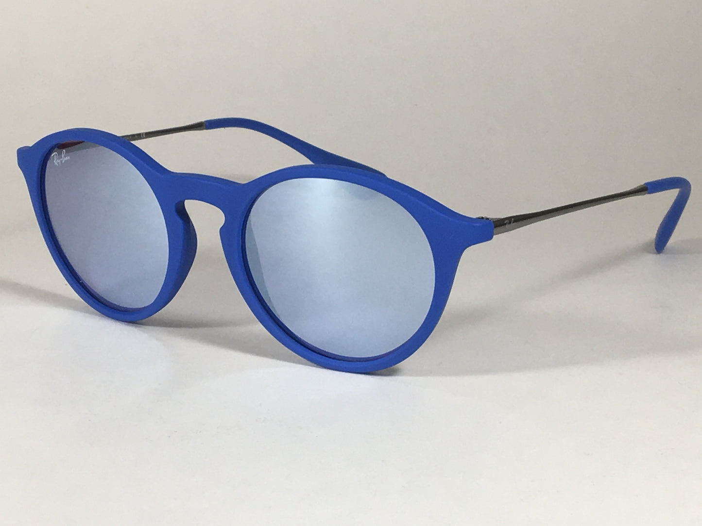 Ray-Ban Round Phantos Sunglasses Matte Blue Frame Gray Flash Lens Rb4243 6263/1U - Sunglasses