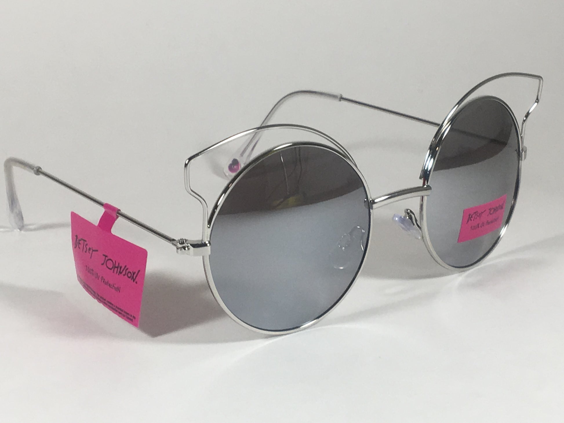 Betsey Johnson Womens Round Sunglasses Silver Gray Metal Cat Mirror Bj475109 - Sunglasses