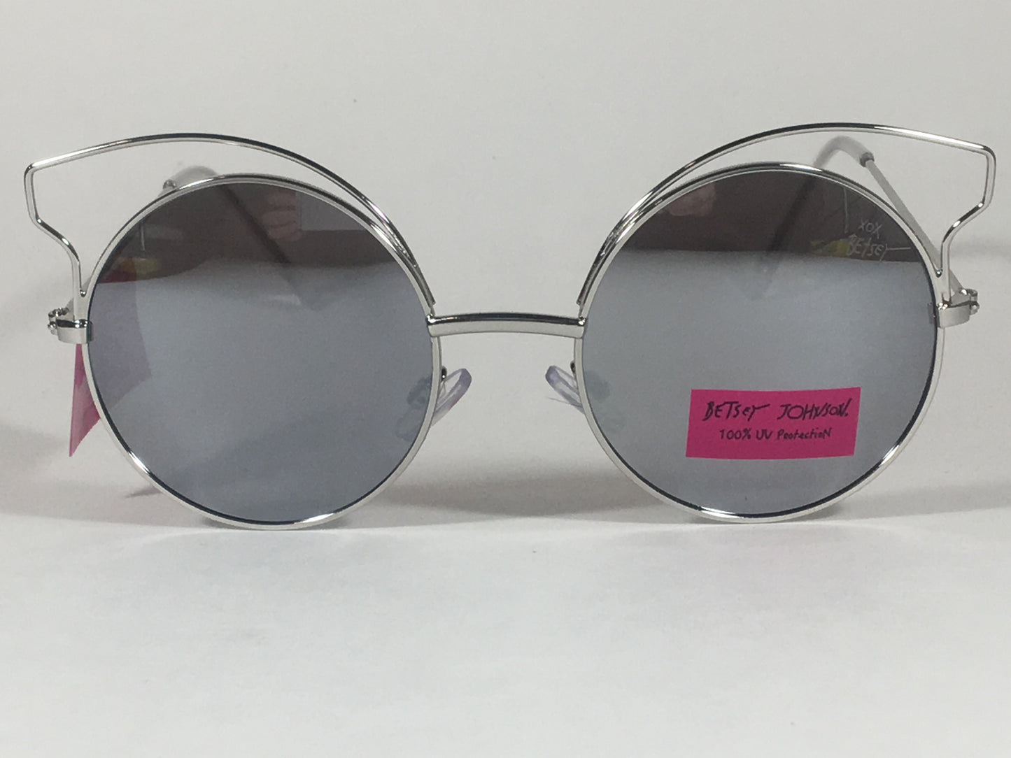 Betsey Johnson Womens Round Sunglasses Silver Gray Metal Cat Mirror Bj475109 - Sunglasses