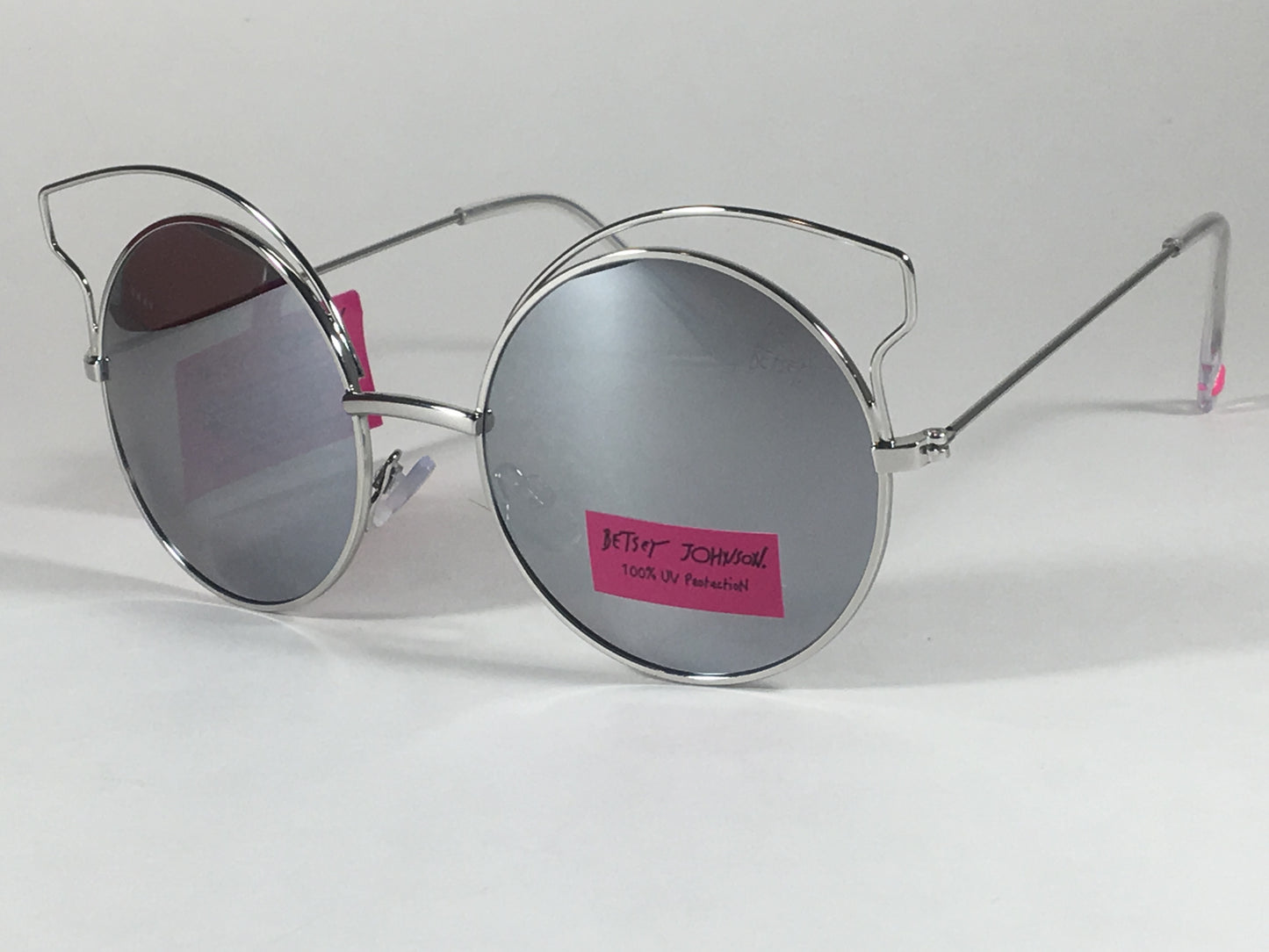 Betsey Johnson Womens Round Sunglasses Silver Gray Metal Cat Mirror Bj475109 - Sunglasses