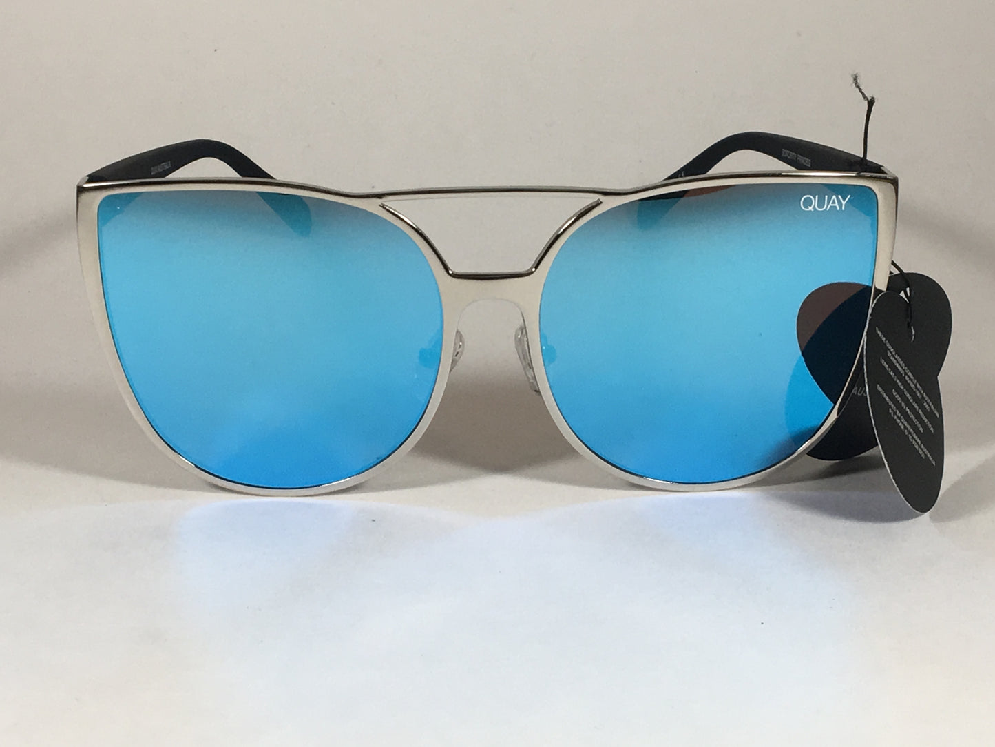 Quay Sorority Princess Sunglasses Large Cat Eye Silver Metal Blue Mirror Lens Qw000162 Slv Blue - Sunglasses