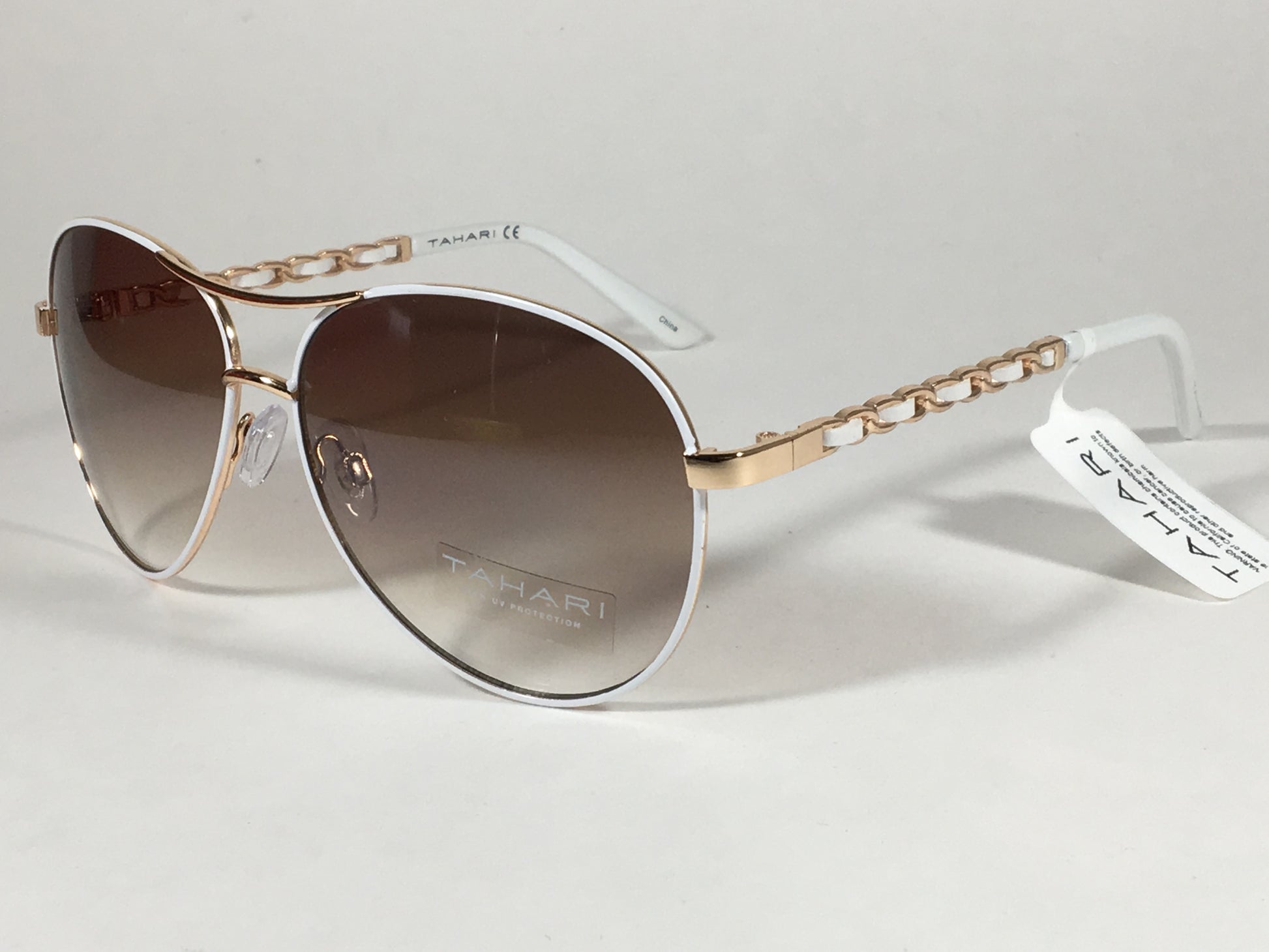 Tahari Aviator Sunglasses Rose Gold White Leather Chord Gradient Lens Th649 - Sunglasses