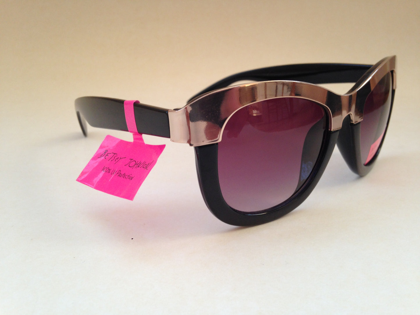 Betsey Johnson Bj863132 Retro Square Sunglasses Black Gold Purple Smoke Lens - Sunglasses