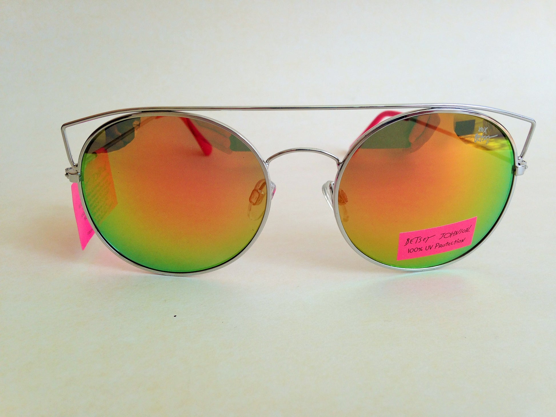 Betsey Johnson Round Sunglasses Silver Top Bar Orange Green Coral Mirror Lens - Sunglasses