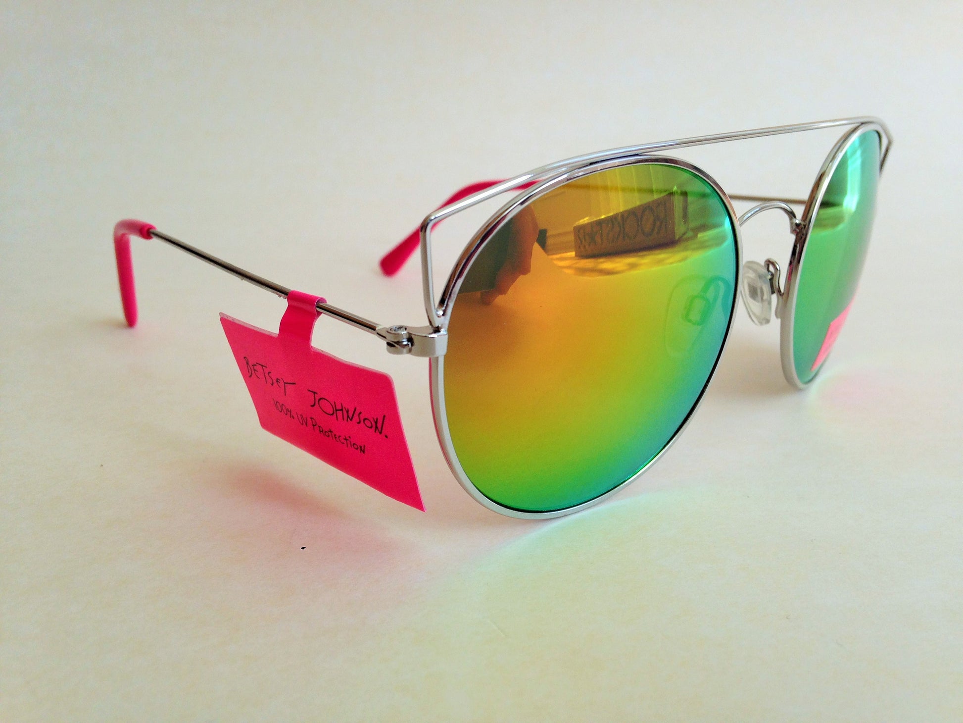 Betsey Johnson Round Sunglasses Silver Top Bar Orange Green Coral Mirror Lens - Sunglasses