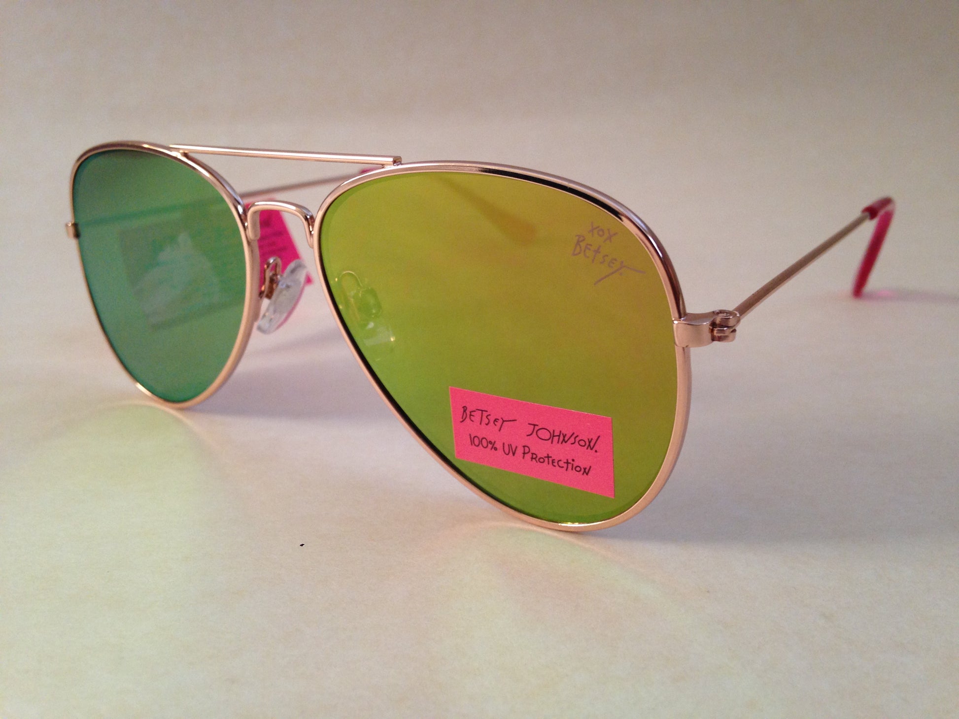 Betsey Johnson Flat Aviator Sunglasses Yellow Green Coral Flash Gold Pink 54 - Sunglasses