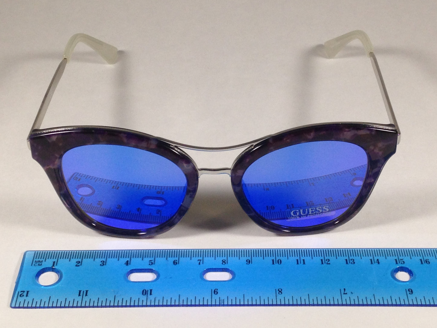 Guess Round Cat Eye Sunglasses Metal Purple Marble Blue Violet Mirror Gf030455X - Sunglasses