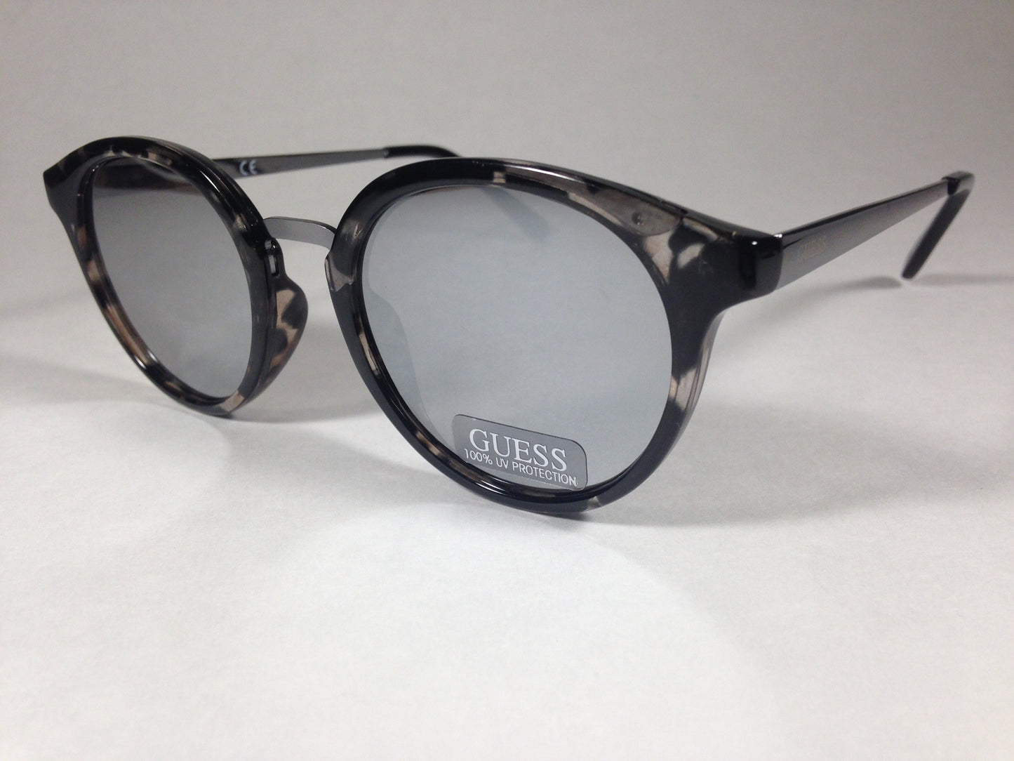 Guess Womens Round Sunglasses Gf0305 56U Clear Black Marble Silver Mirror New - Sunglasses