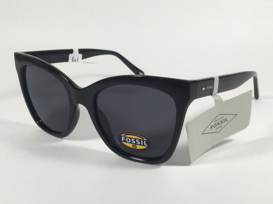 Fossil Large Square Sunglasses Black Gloss Frame Solid Gray Lens FW167 - Sunglasses