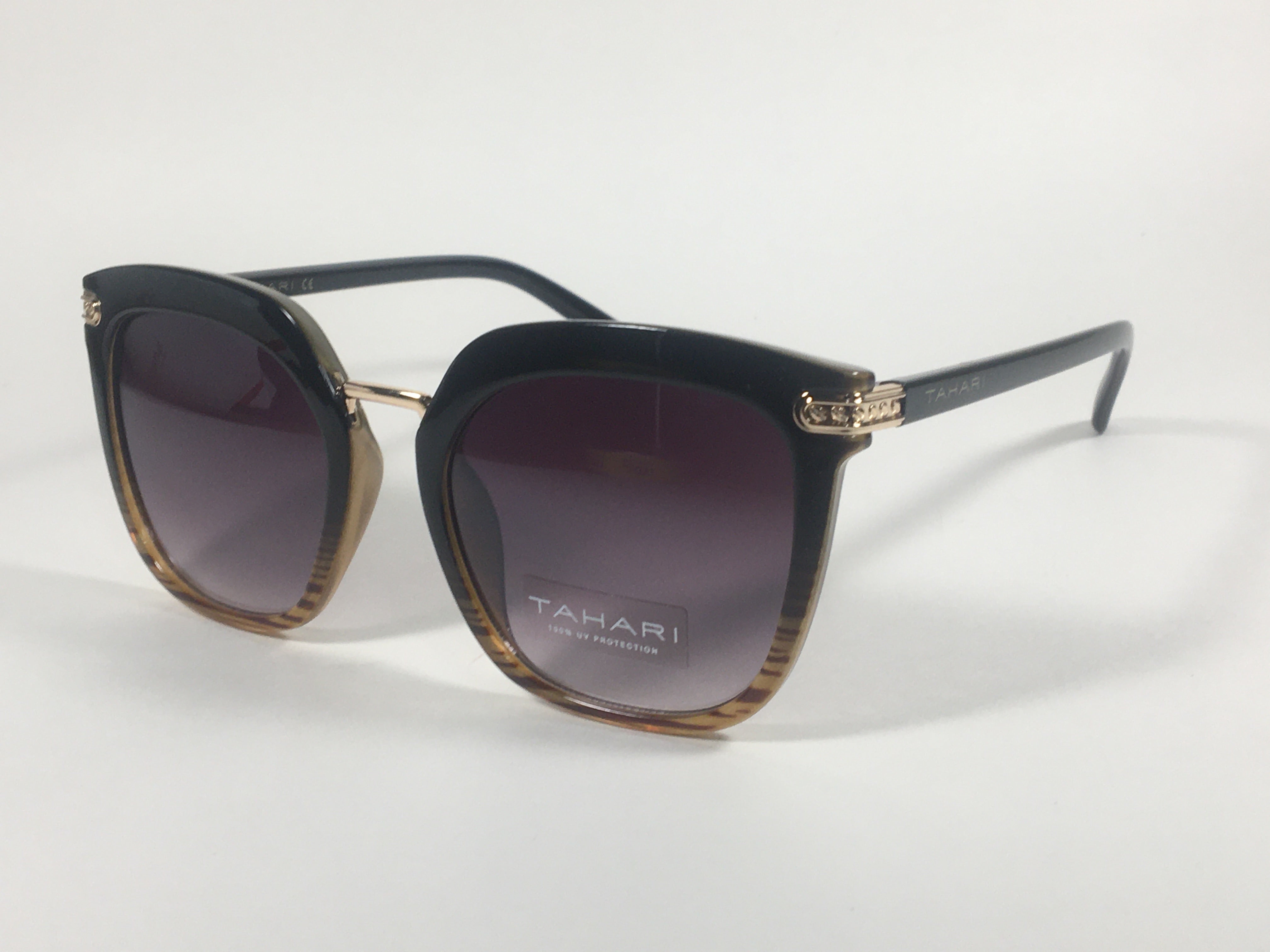 Tahari Large Cat Eye Sunglasses Black Brown Wood Plastic Frame Smoke Lens  TH712 OXWD