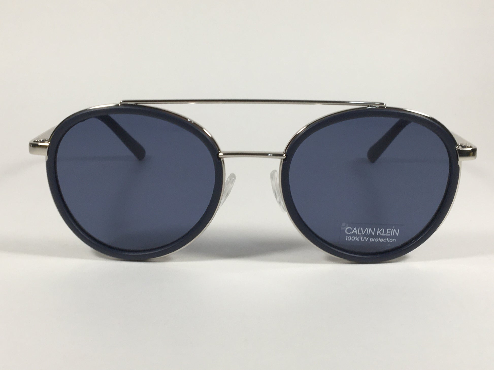 Calvin Klein CK19131S 410 Round Sunglasses Navy Blue And Silver Frame Gray Lens - Sunglasses