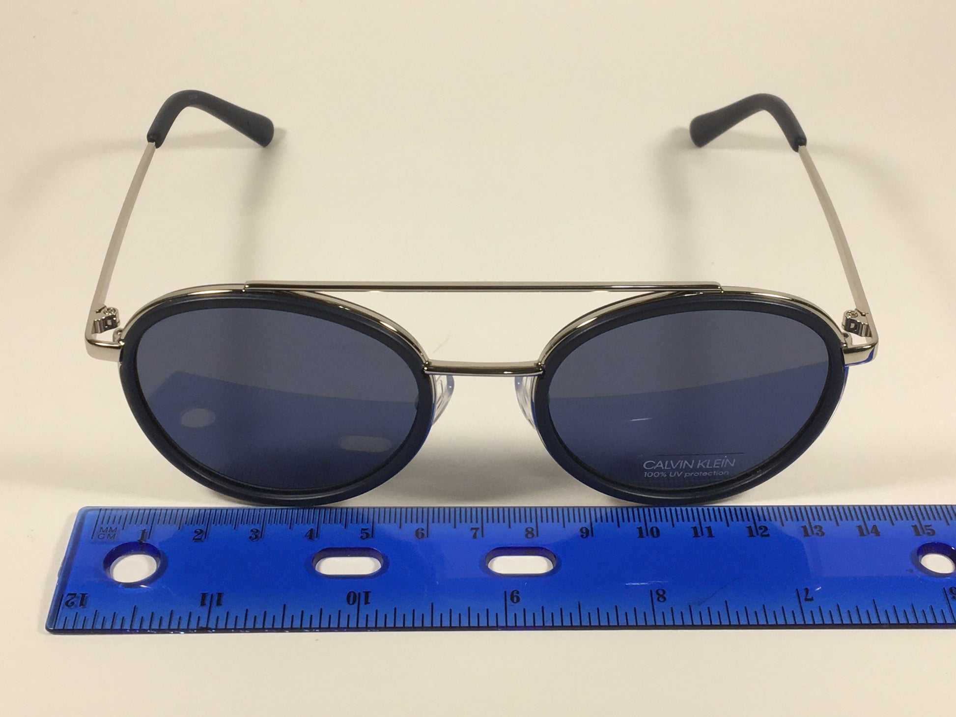 Calvin Klein CK19131S 410 Round Sunglasses Navy Blue And Silver Frame Gray Lens - Sunglasses