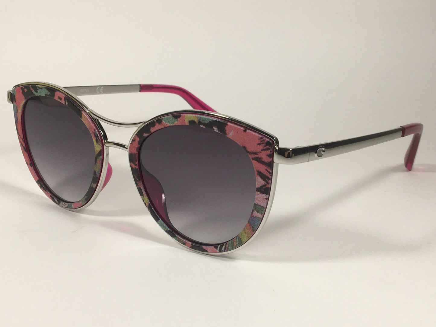 Guess Cat Eye Sunglasses GU7490 74C Floral Print And Silver Frame Gray Gradient Lens - Sunglasses