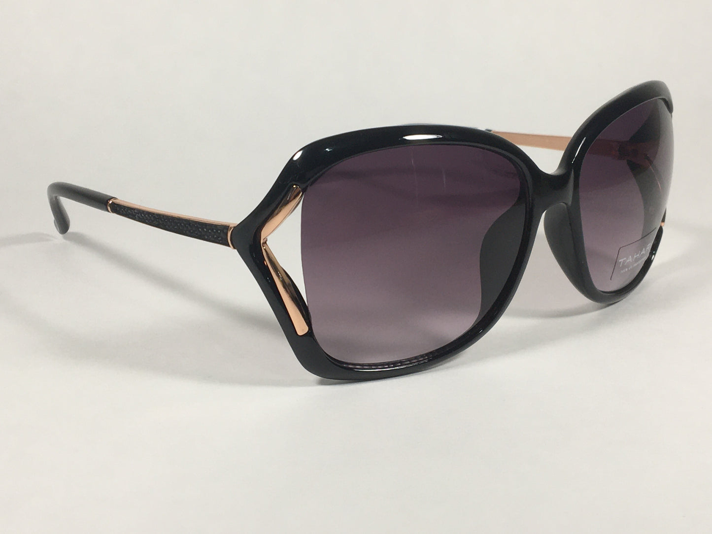 Tahari Vented Butterfly Sunglasses Black Gloss Rose Gold Frame Smoke Gray Gradient Lens TH776 OX - Sunglasses