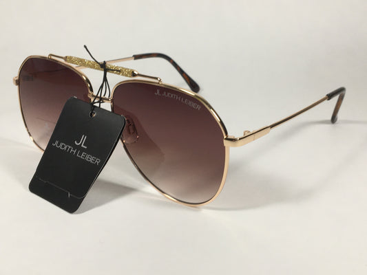 JL By Judith Leiber Lotus Aviator Sunglasses Gold Brown Frame Gold Bar Brown Gradient Lens - Sunglasses