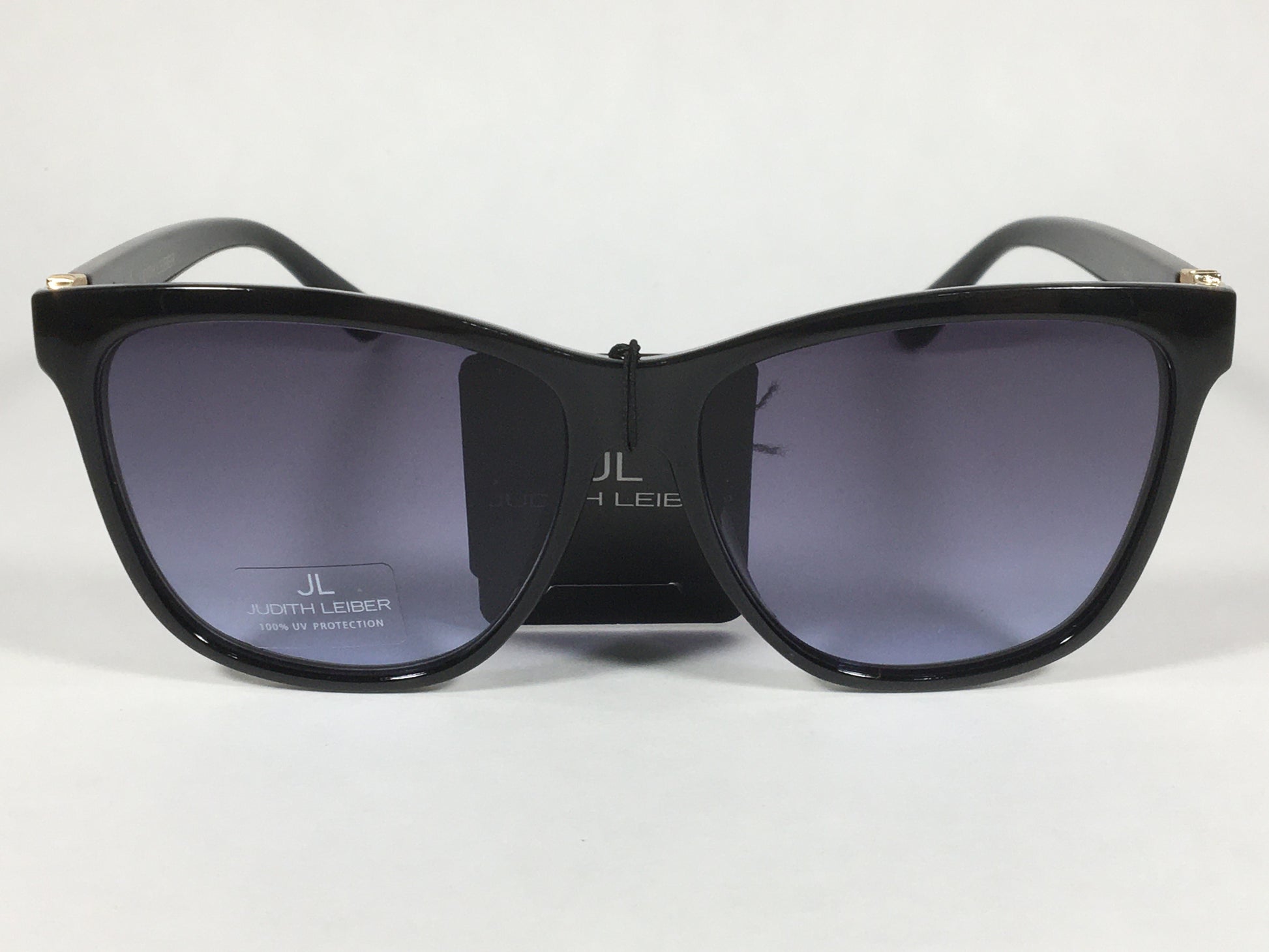 JL By Judith Leiber Peace Square Sunglasses Shiny Black Blue Gray Lens Gold Rhinestone Temples - Sunglasses