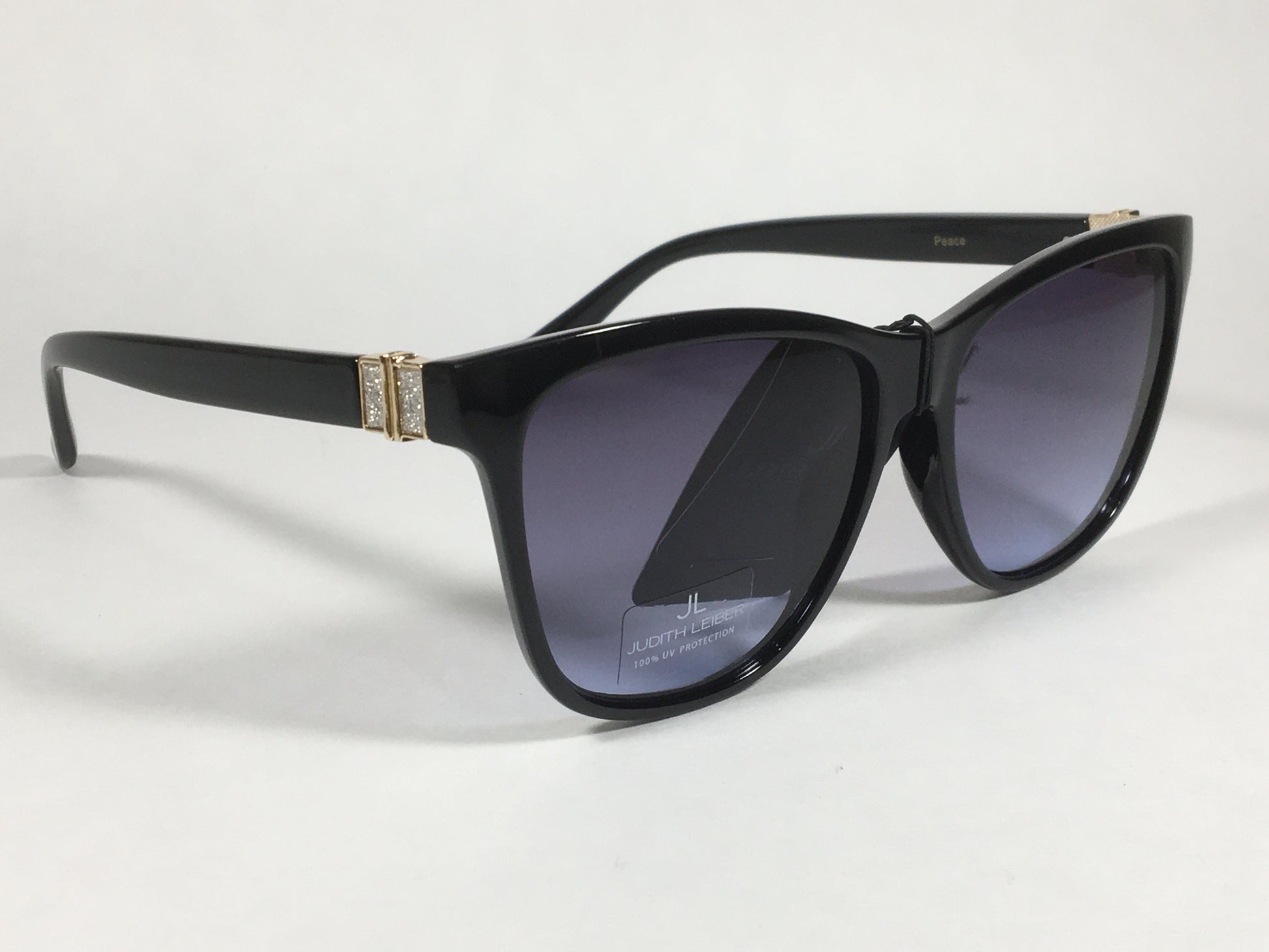 JL By Judith Leiber Peace Square Sunglasses Shiny Black Blue Gray Lens Gold Rhinestone Temples - Sunglasses